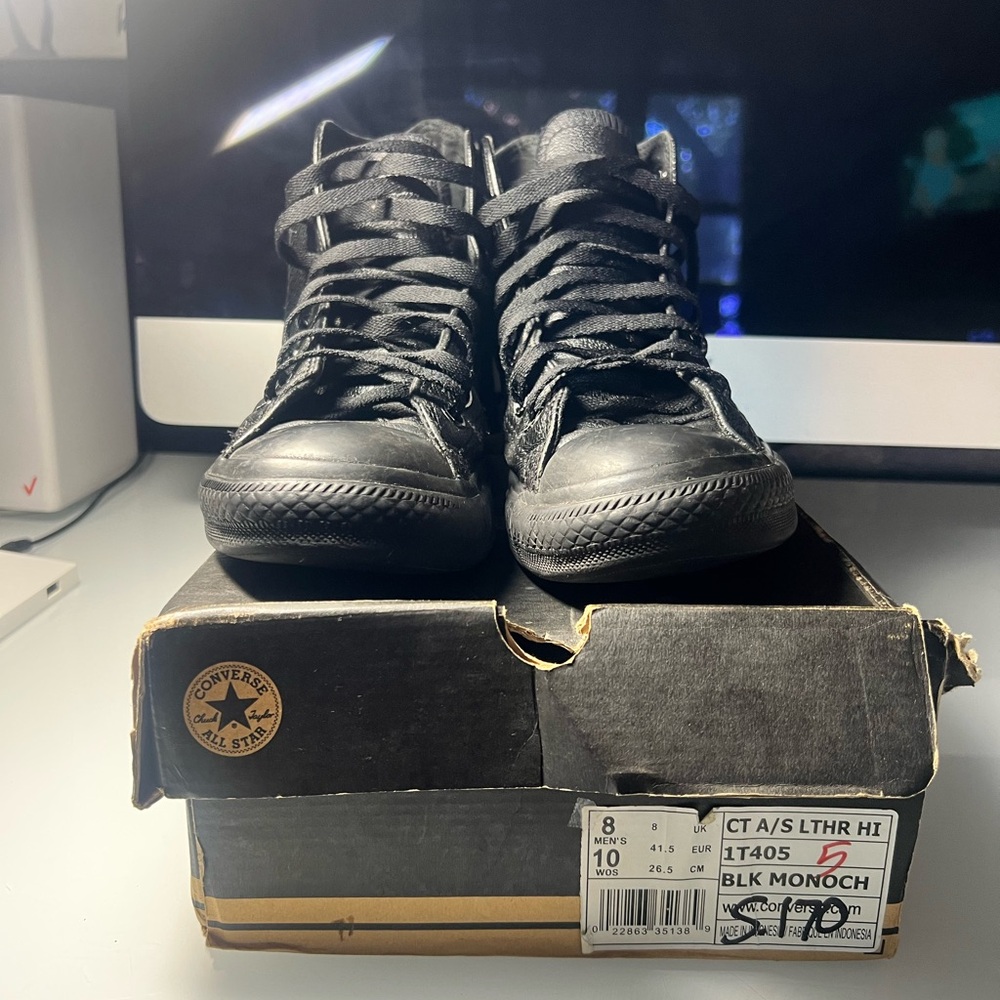Converse All Star Black Leather High-Tops - Men’s 8/Womens 10 - Picture 5 of 5